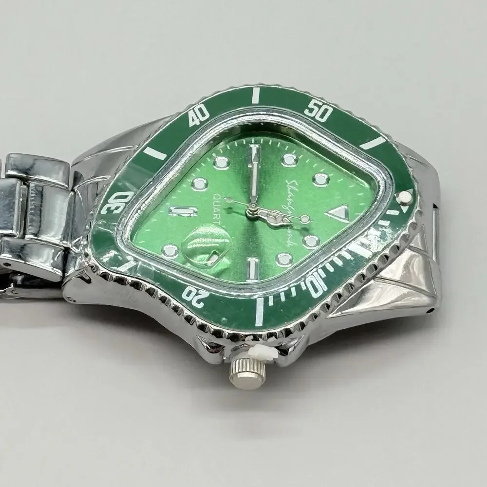 Mens Green Twist Dial Watch Silver Tone Irregular Rhombic Melted Crash Design